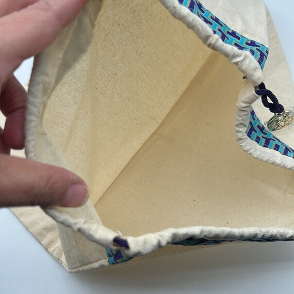 Tory Burch Beige Canvas Duster Bag with Blue Gold Design with Logo Charm New! - Picture 4 of 6